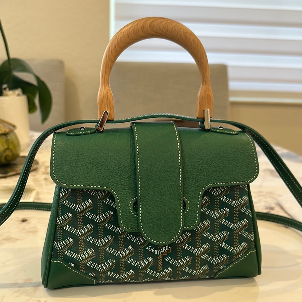 Goyard Mini Saigon Green Satchel with Tan Handle